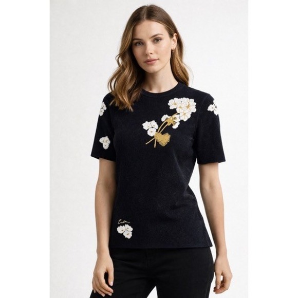 Tuckernuck Sweaters - Tuckernuck Erdem Floral Jacquard Knit Embroidered Short Sleeve Sweater Italy